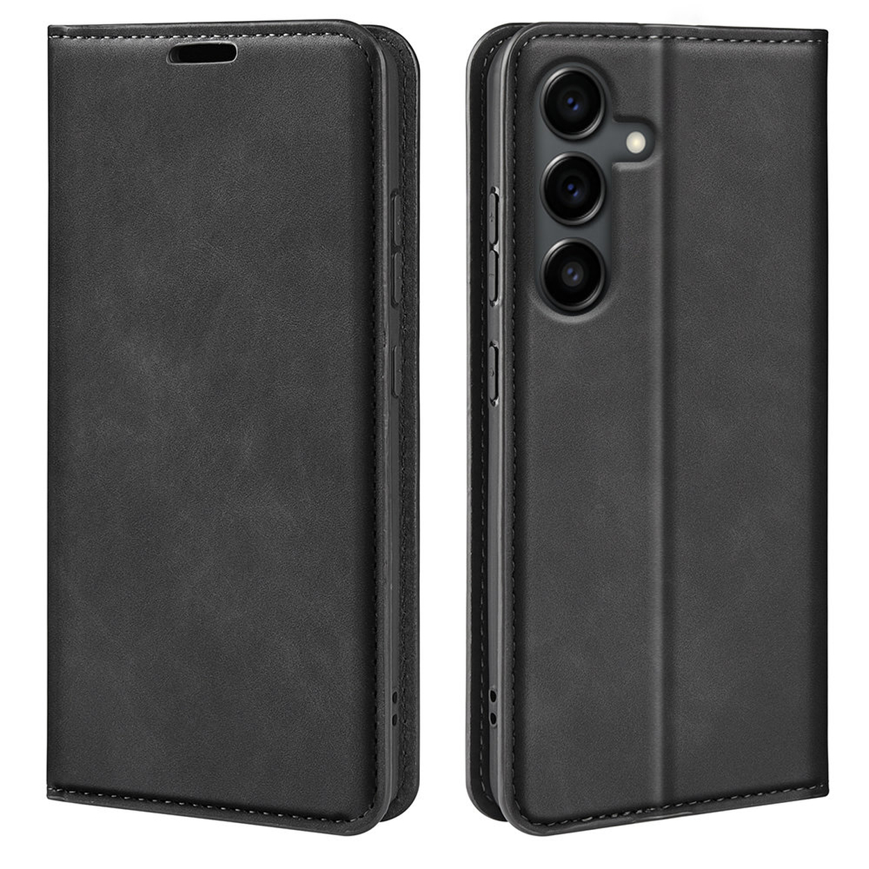 Étui de téléphone en cuir noir, ouvert et fermé, avec objectifs de caméra visibles. Détails de couture sur les bords.