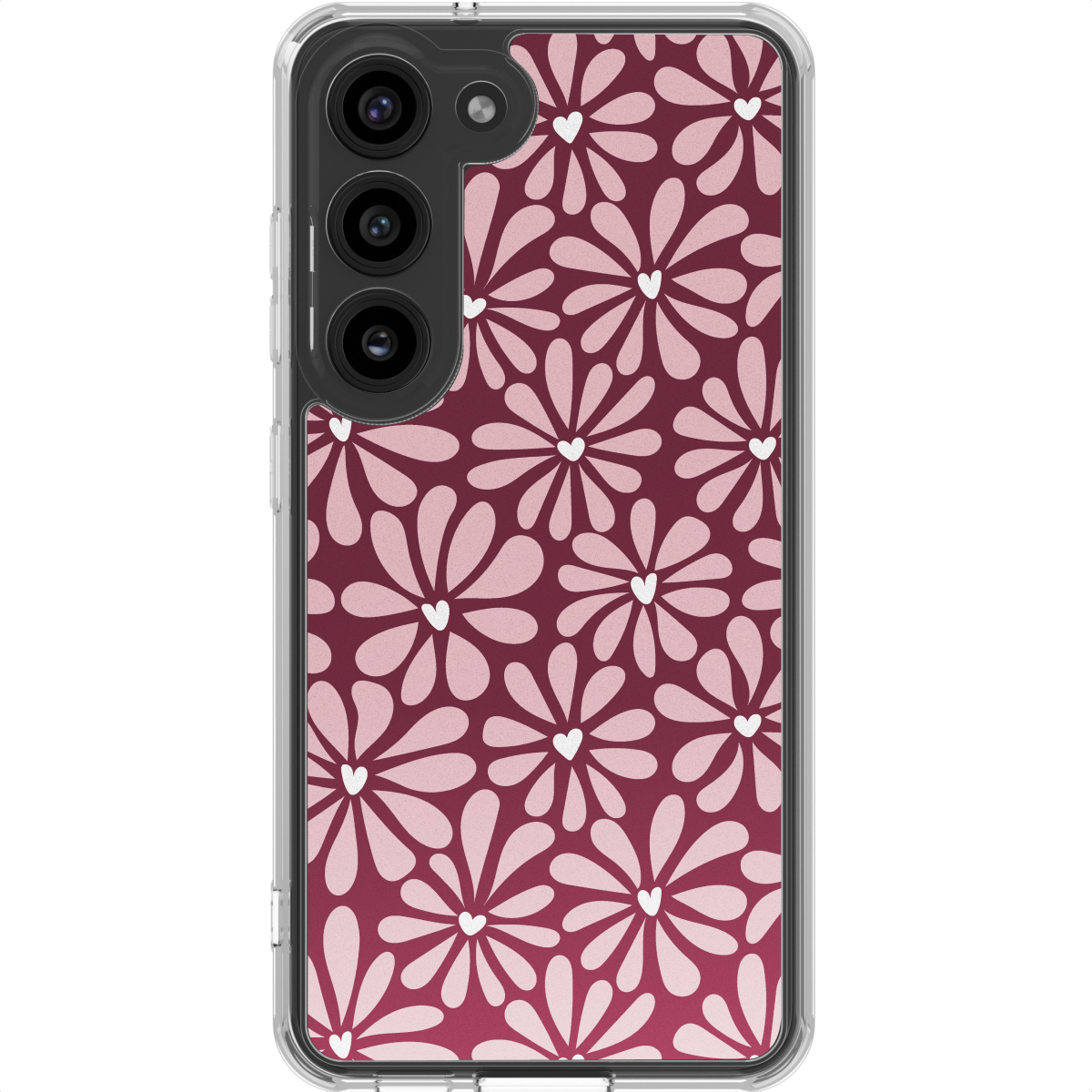 Een telefoonhoesje met een bloemenpatroon. De bloemen zijn roze met witte hartjes op een bordeauxrode achtergrond. De hoes is transparant.