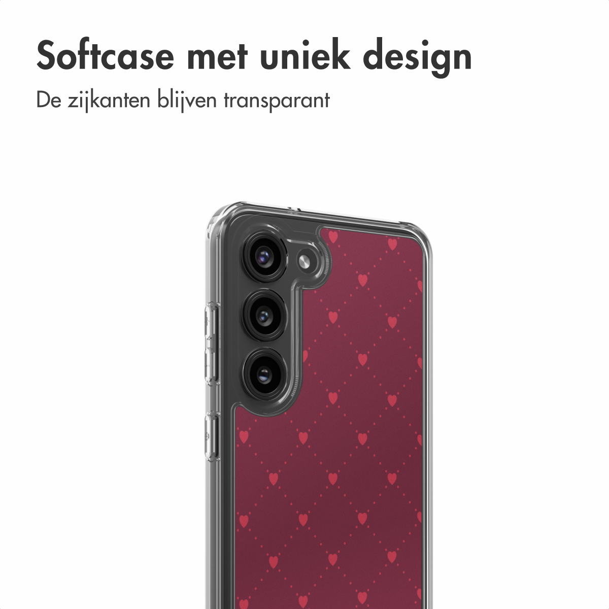 Une coque de smartphone avec un motif de cœurs sur fond bordeaux. La coque est transparente autour de la caméra.