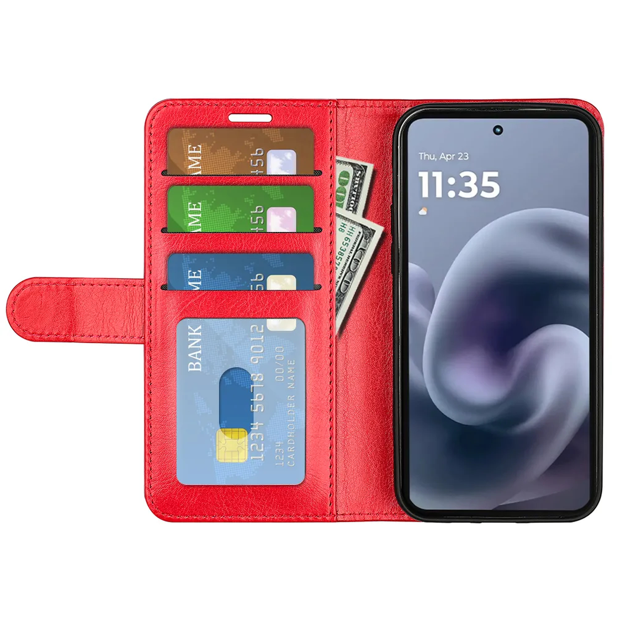 Étui portefeuille rouge avec un téléphone à l'intérieur. Il contient des cartes et de l'argent liquide. Le téléphone affiche l'heure. Plusieurs cartes colorées sont dans le portefeuille.