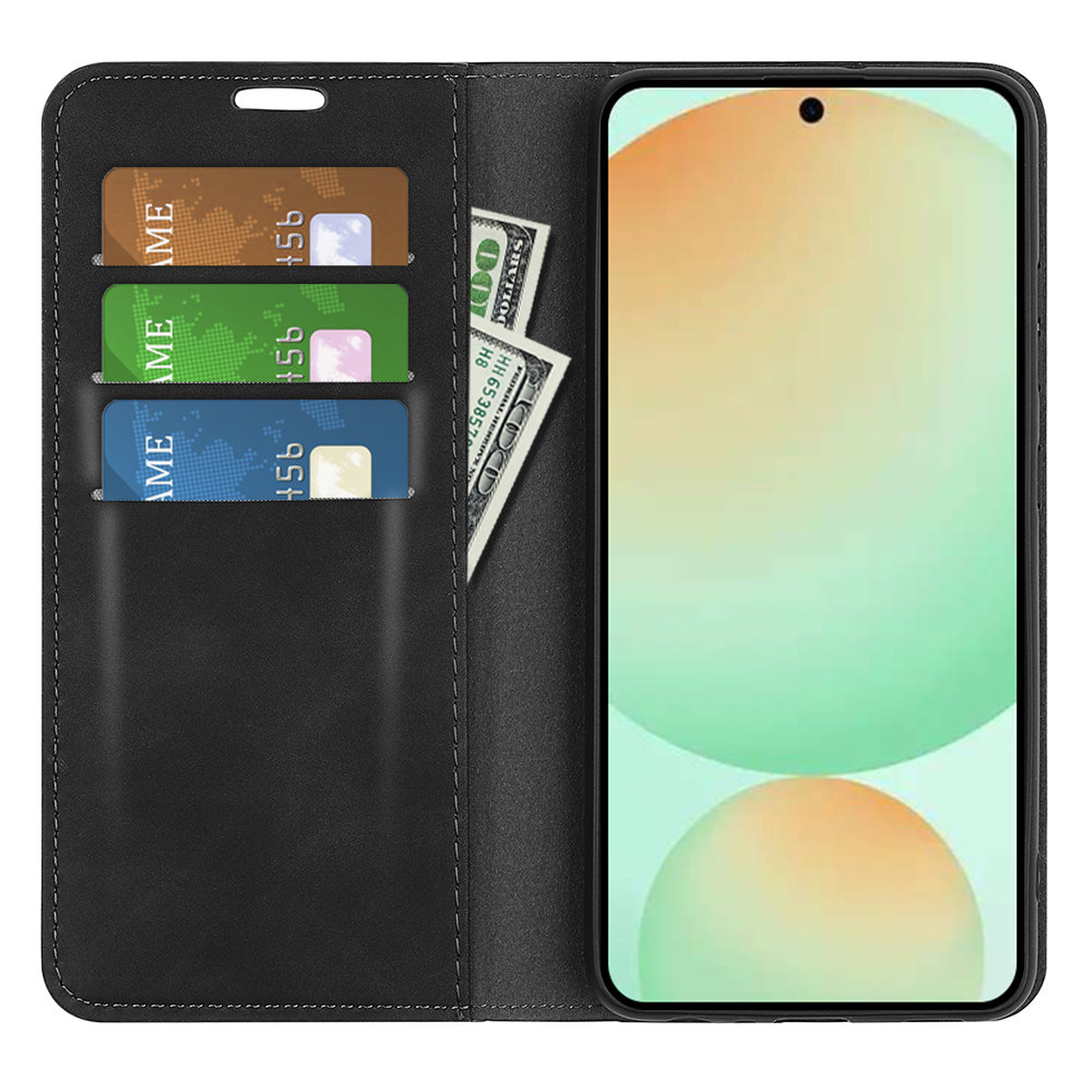 Étui de téléphone noir avec emplacements pour cartes de crédit et un smartphone. Il y a des billets.