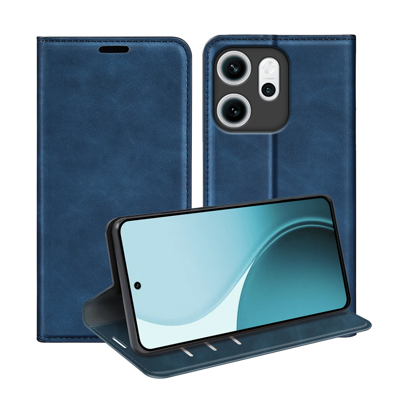 Blauwe telefoonhoes met een telefoon erin. De hoes is open en toont het scherm. Twee andere delen van de hoes zijn zichtbaar.