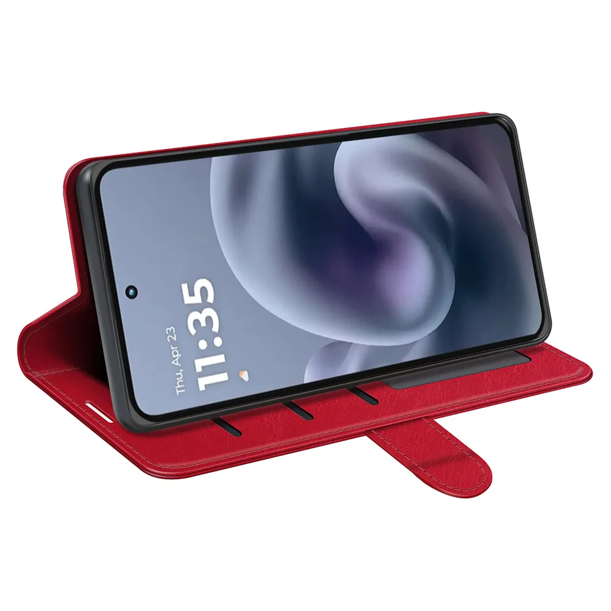 Un étui de téléphone rouge avec un téléphone à l'intérieur. L'écran affiche l'heure et la date. L'étui est ouvert et possède des fentes.