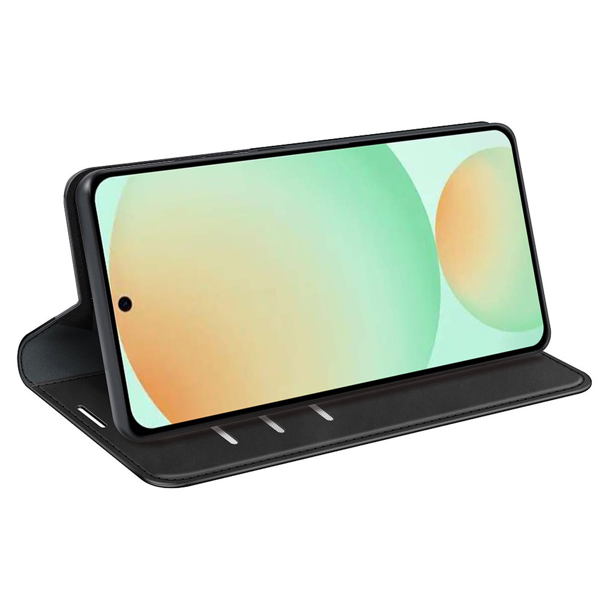 Un téléphone noir dans un étui est affiché en angle. L'écran affiche des cercles verts et jaunes. L'étui est ouvert.
