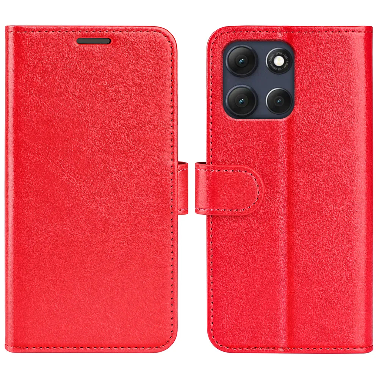 Étui de téléphone rouge avec fermoir magnétique, ouvert pour afficher le téléphone. Le téléphone a quatre caméras à l'arrière.