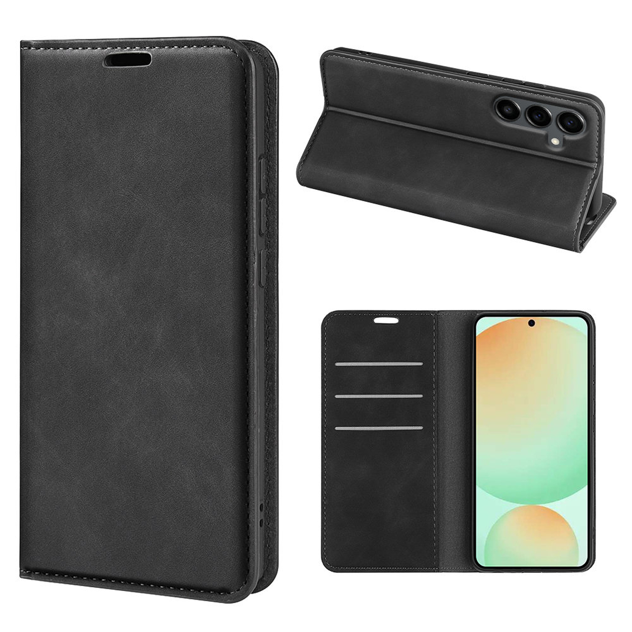 Étui de téléphone noir, montré fermé, ouvert et avec le téléphone à l'intérieur. L'étui est semblable au cuir avec des fentes pour cartes et un écran de téléphone.
