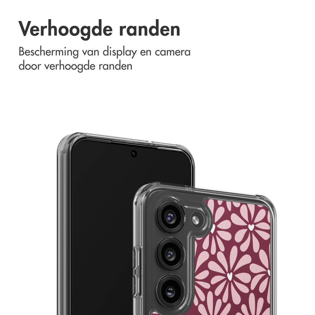 Twee smartphones met beschermhoezen worden weergegeven. Eén is zwart, de ander heeft een bloemenpatroon. Beide hebben transparante beschermranden.