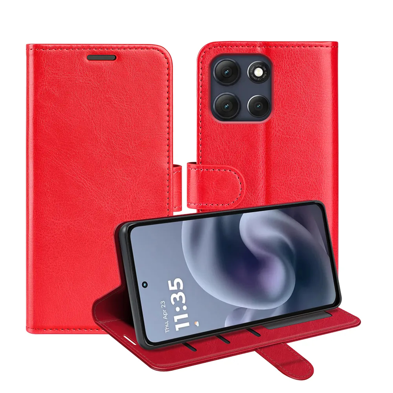 Étui de téléphone rouge avec un téléphone à l'intérieur, affichant la date et l'heure. L'étui est ouvert. Le téléphone a plusieurs caméras.