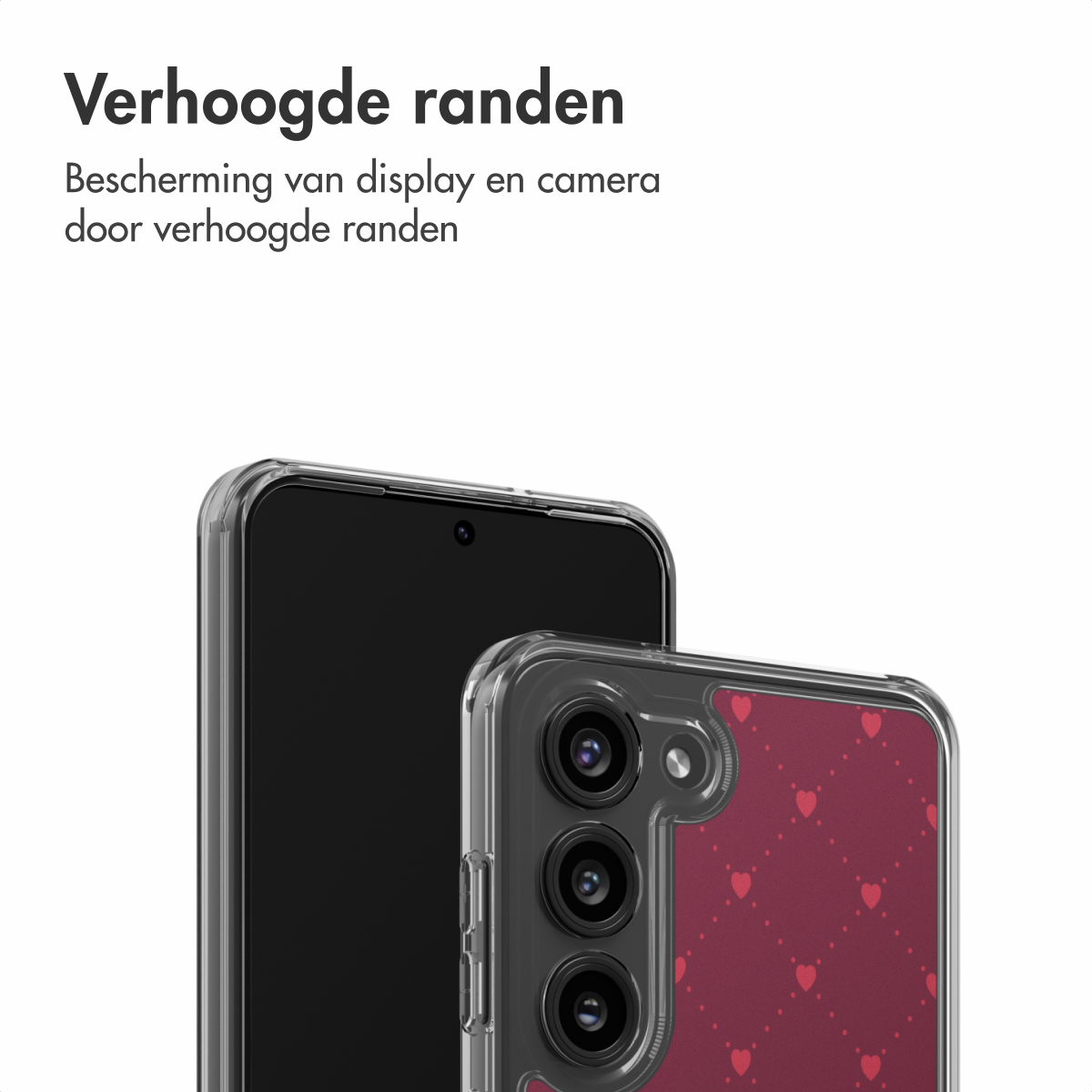 Deux smartphones avec étuis de protection. L'un montre un écran noir, l'autre un motif de cœurs rouges. Texte en haut : Verhoogde randen.