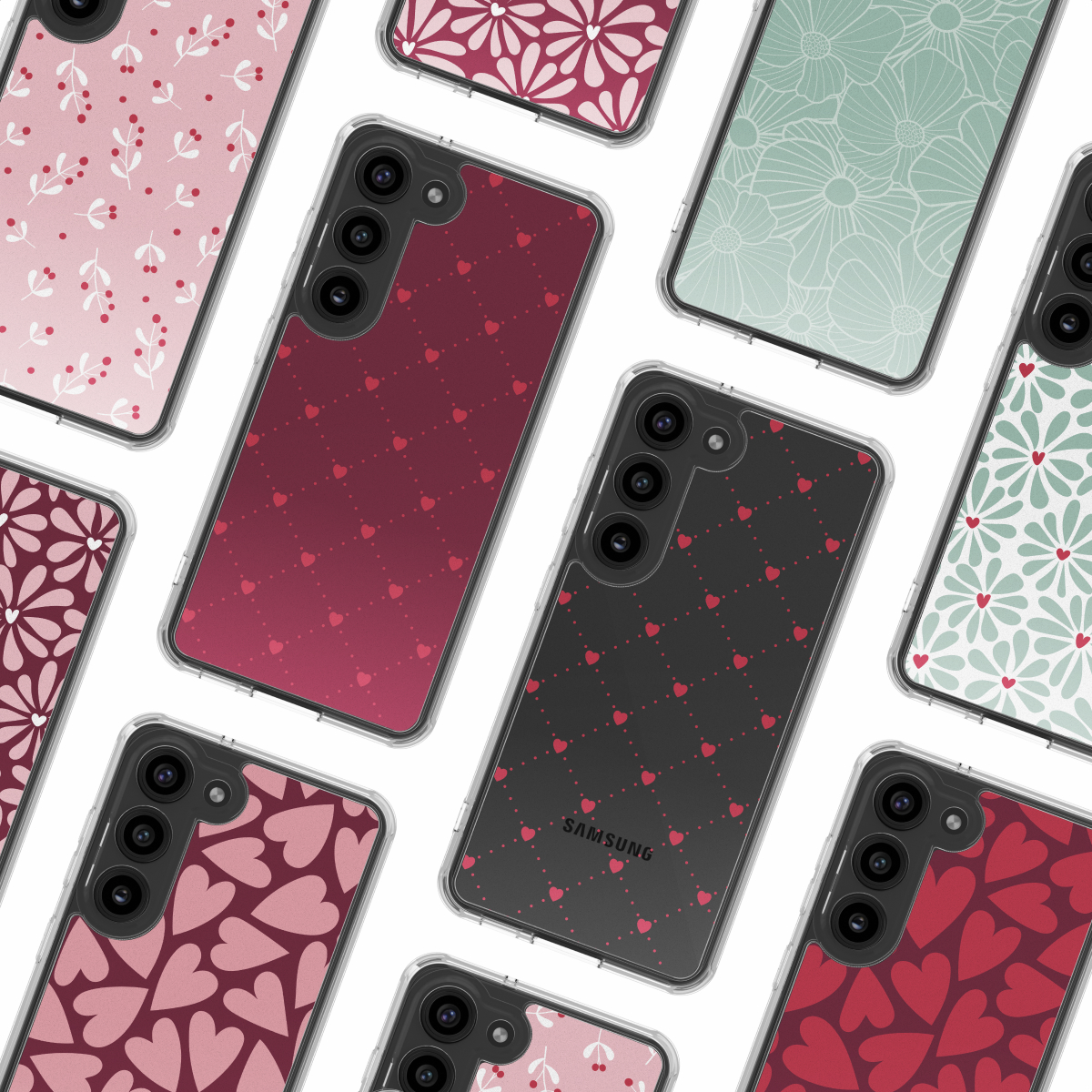 Collection d'étuis de téléphone avec divers motifs, dont des cœurs et des motifs floraux, de différentes couleurs, disposés sur une surface blanche.