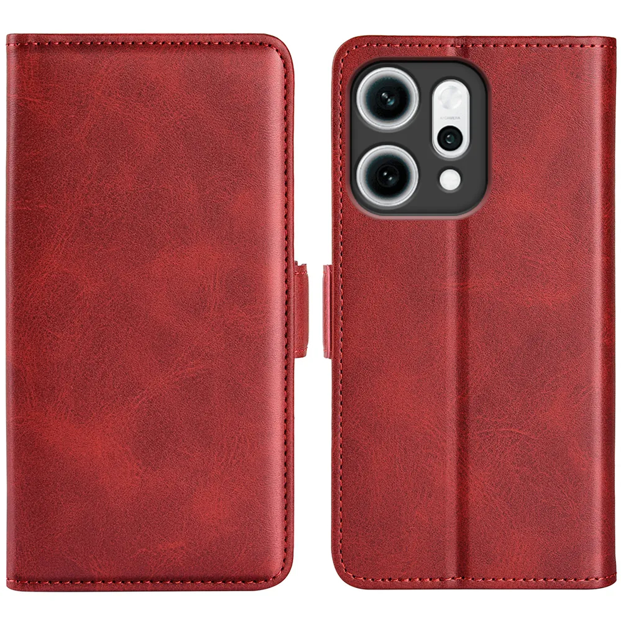 Een rode leren telefoonhoes, opengeklapt om een telefoon te laten zien. De hoes heeft stiksels langs de randen en een magnetische sluiting.