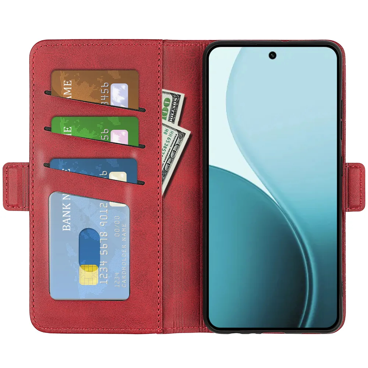 Rode telefoonhoes open, met creditcards, contant geld en een telefoon. De hoes is in portemonnee-stijl.