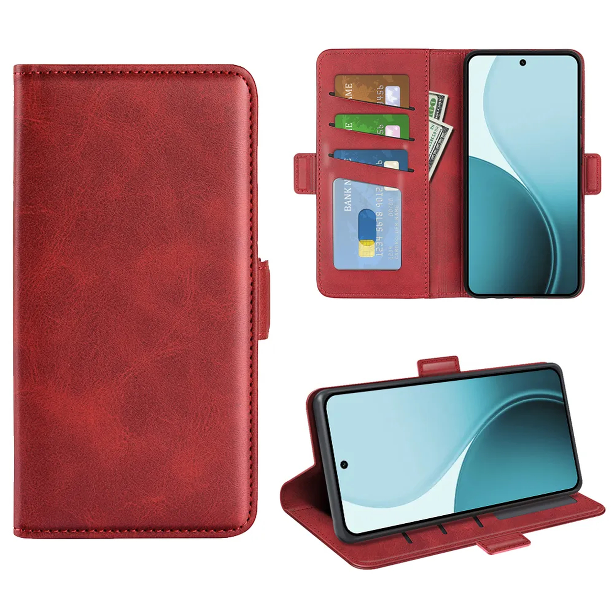 Rode leren telefoonhoes met kaartsleuven en telefoon. Voorzien van een magnetische sluiting. Open en gesloten weergaven worden getoond.