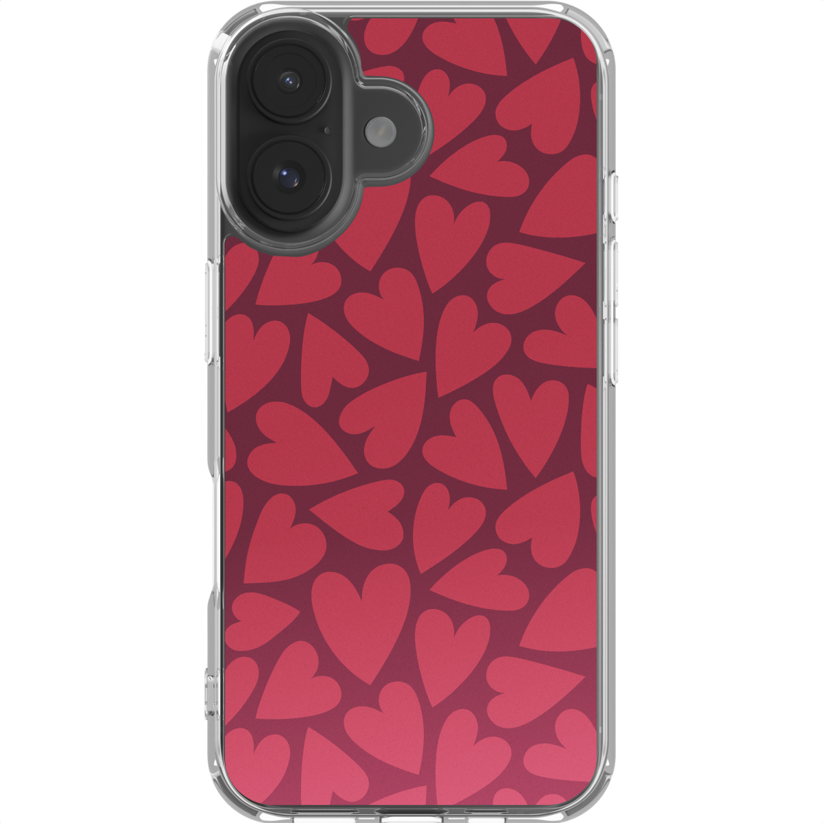 Een telefoonhoesje met een patroon van rode harten op een bordeauxrode achtergrond. De hoes heeft een transparante rand, zichtbare cameralenzen.