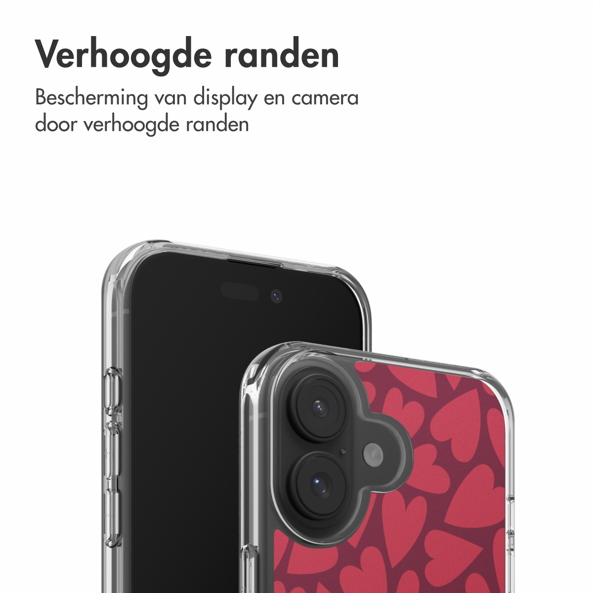Twee smartphones in beschermhoesjes. De telefoon op de voorgrond heeft een rood hartpatroon. Beide telefoons hebben heldere, beschermende randen.