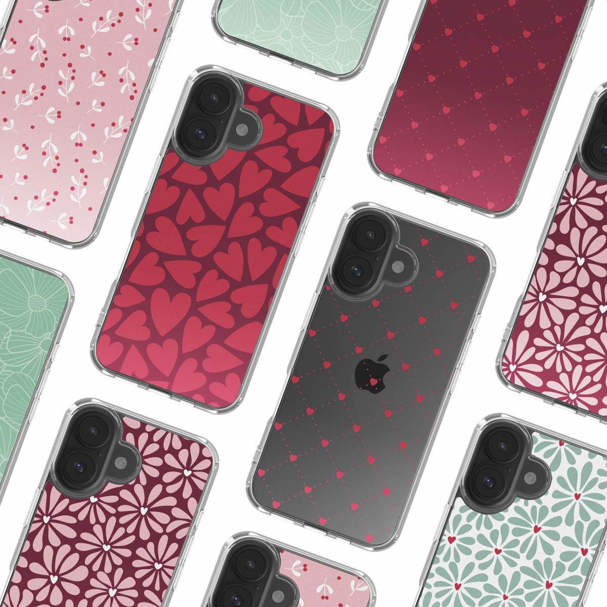 Meerdere iPhone-hoesjes met diverse ontwerpen: harten, bloempatronen en bladmotieven. Elke hoes heeft een doorzichtige beschermhoes.