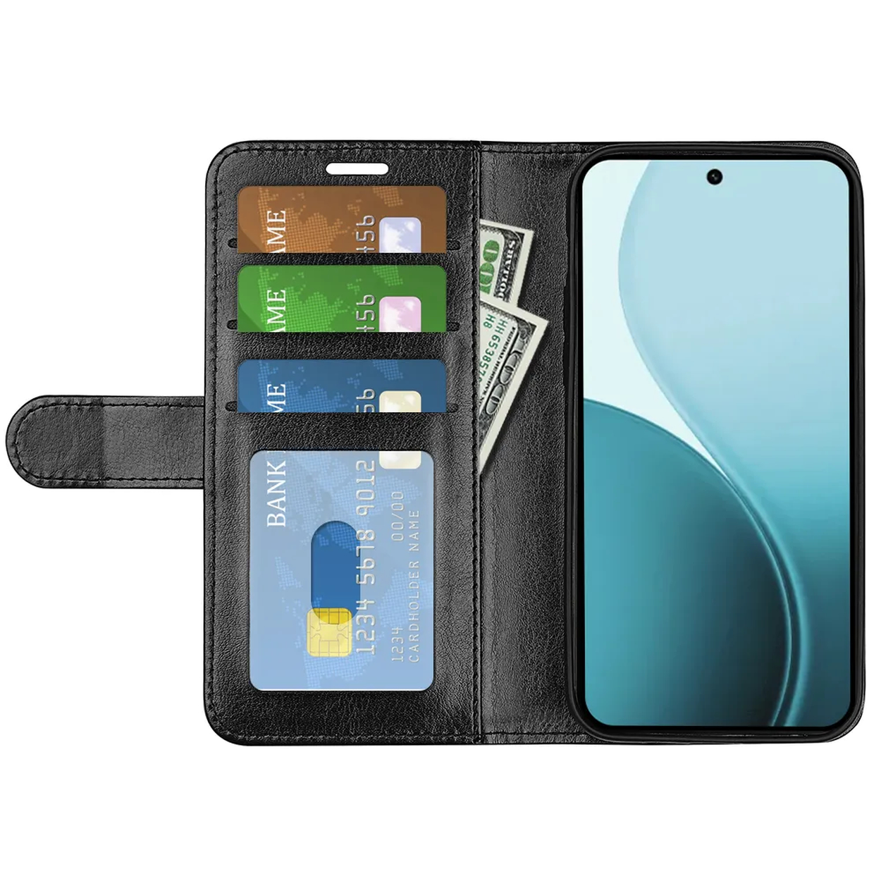 Zwarte telefoonhoes open, met kaarten, contanten en een smartphone. Kaarten zijn verschillend van kleur. Smartphone scherm heeft lichtblauw design.