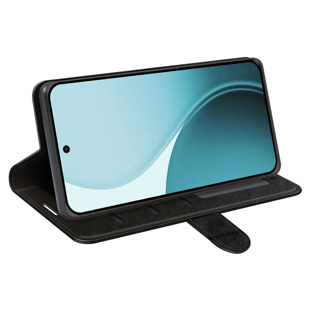 Een zwarte smartphone in een zwarte leren hoes. Het scherm toont een lichtblauwe gradiënt. De hoes is open, de telefoon staat rechtop.