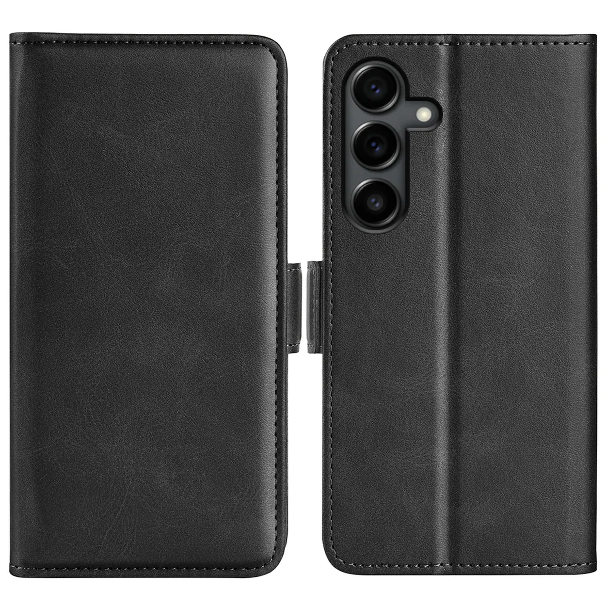 Zwarte leren telefoonhoes, open om de telefoon te laten zien. De hoes heeft stiksels en een magnetische sluiting.
