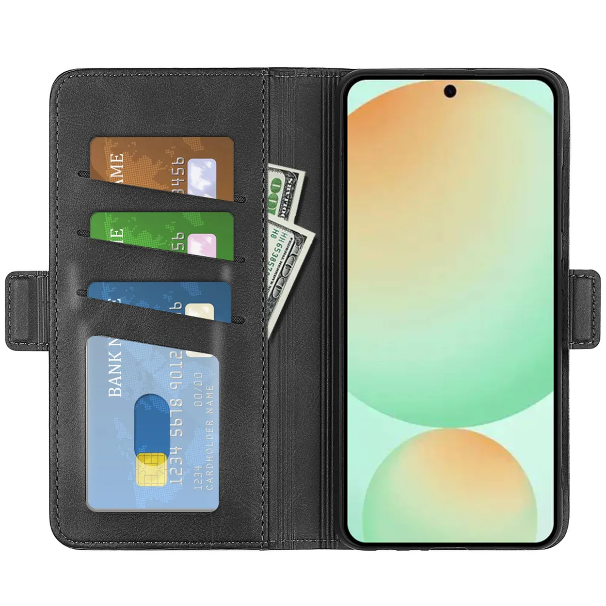 Een zwarte telefoonhoes met creditcards en een dollarbiljet. Er zit een telefoon in de hoes. Het scherm van de telefoon is lichtgroen en oranje.
