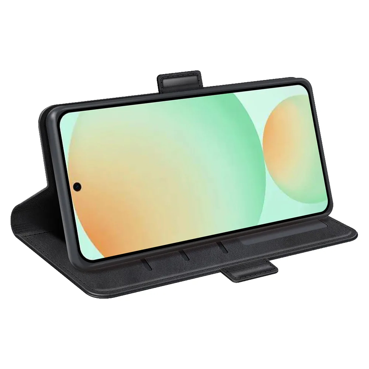 Een zwarte telefoonhoes met een telefoon erin. De telefoon toont een wazige afbeelding van groene en gele cirkels.