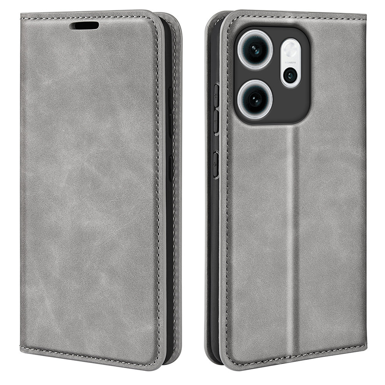 Un étui de téléphone en cuir gris, ouvert pour révéler le téléphone. L'étui a des coutures et une fermeture magnétique.