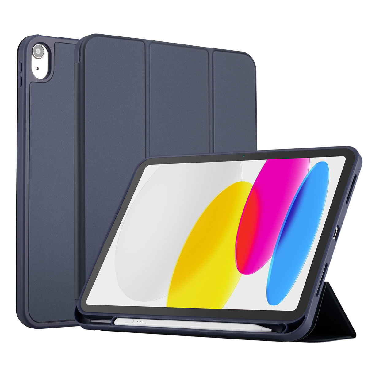 Blauwe tablethoes met een iPad erin. Het scherm toont kleurrijke abstracte vormen. Een stylus zit in de hoes. Een andere hoes staat erachter.