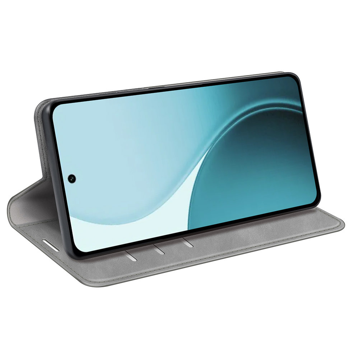 Un smartphone dans un étui gris est affiché. L'écran est allumé, affichant un dégradé bleu. L'étui est ouvert, soutenant le téléphone.