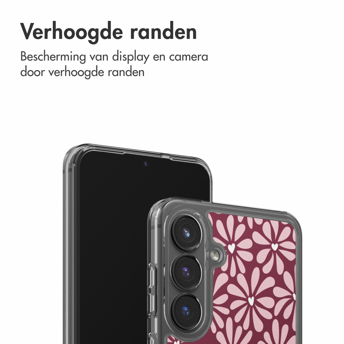 Twee smartphones, één zwart, één met bloemenhoesje, met verhoogde randen voor bescherming van scherm en camera.