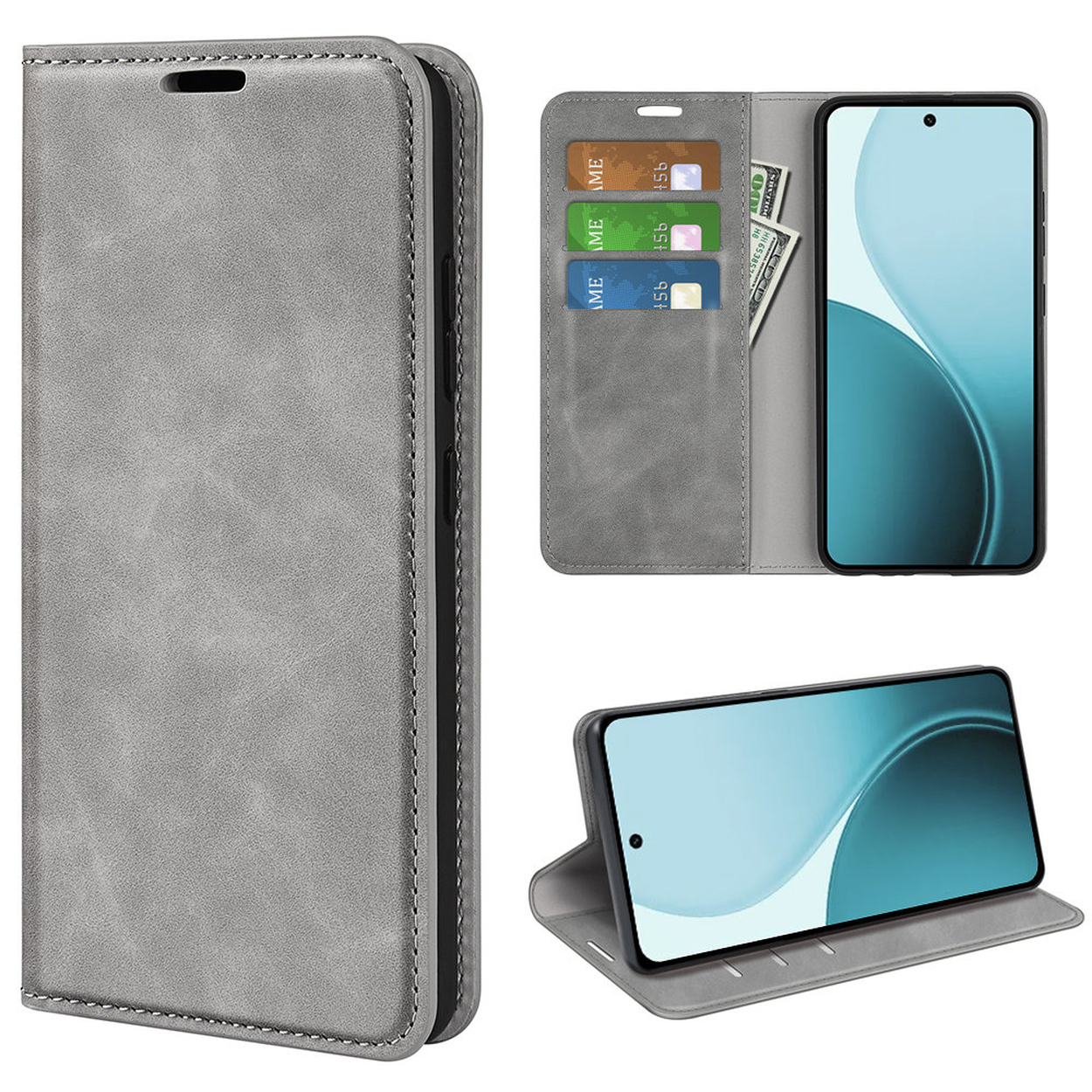 Étui de téléphone gris avec fentes pour cartes de crédit et un téléphone. Le téléphone est à droite. L'étui ouvert montre des cartes et de l'argent.