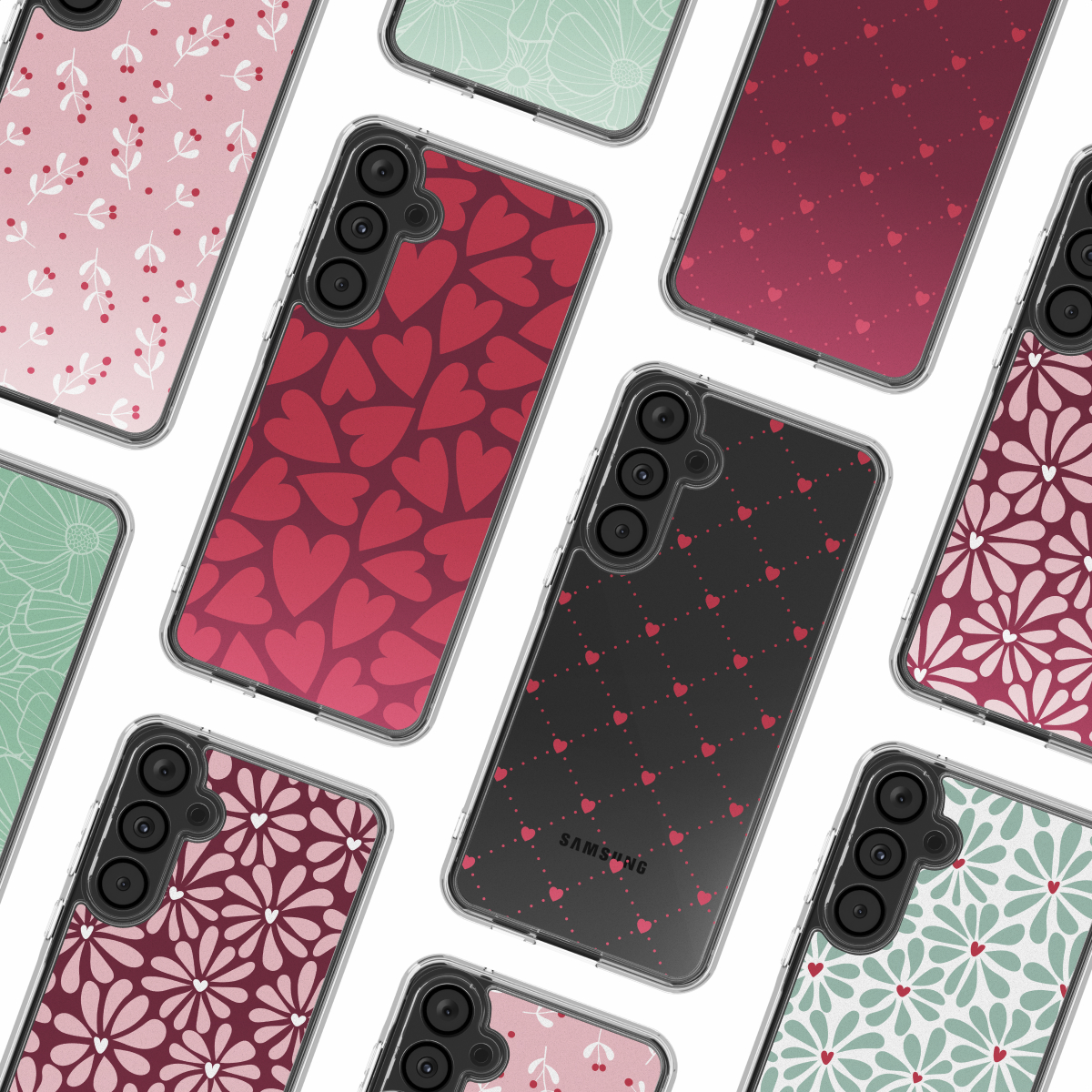 Collezione di smartphone con vari motivi: cuori, fiori e pois. I colori includono rosso, rosa e nero.