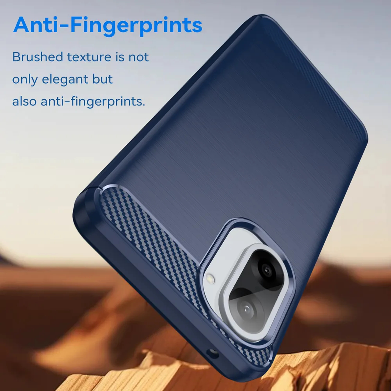 Eine blaue Handyhülle. Sie hat eine gebürstete Textur und einen Kameraausschnitt. Text sagt 'Anti-Fingerprints'.