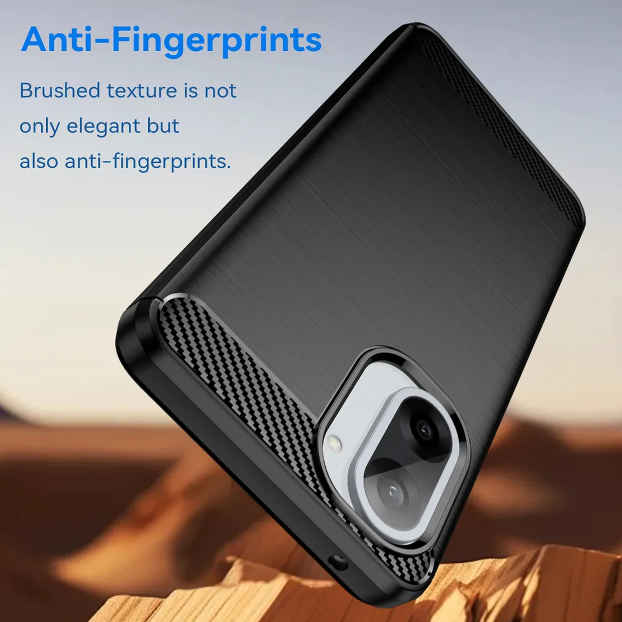 Eine schwarze Handyhülle mit gebürsteter Textur wird gezeigt, mit einer Kamera und dem Text 'Anti-Fingerprints'.