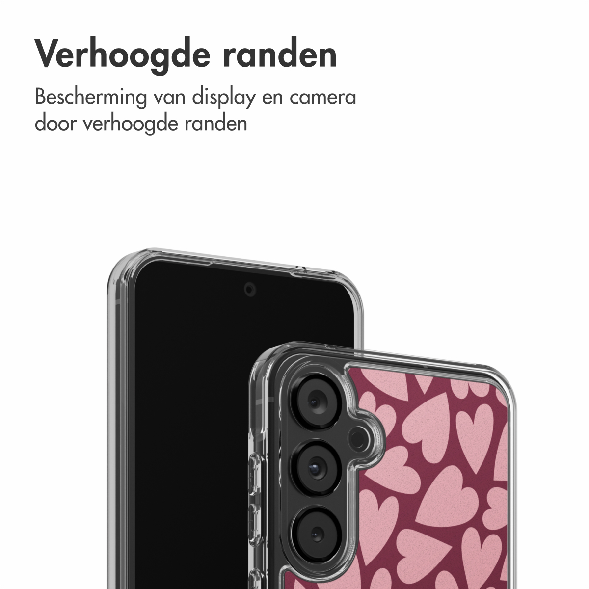 Twee smartphones, een met een doorzichtige hoes en een met een hartpatroon, worden op een witte achtergrond getoond.