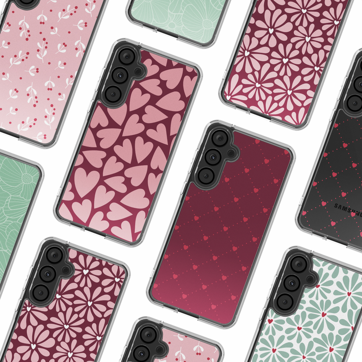 Meerdere telefoonhoesjes met verschillende patronen: harten, bloemen, stippen. Kleuren zijn roze, rood en groen. Transparante hoesjes.