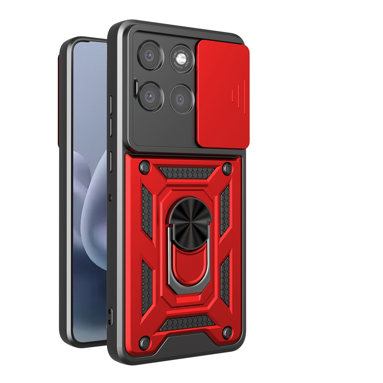 Een zwart-rode telefoonhoes met een ringstandaard en een camerahoes wordt getoond. Het telefoonscherm is zichtbaar.