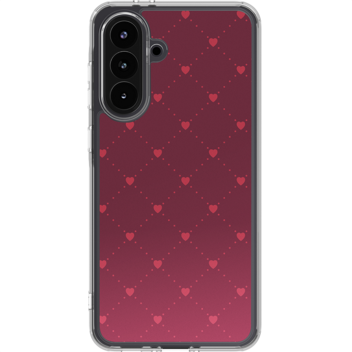 Een telefoonhoesje met een bordeauxrode gradiënt achtergrond en een patroon van kleine rode hartjes. De hoes heeft een doorzichtige rand.