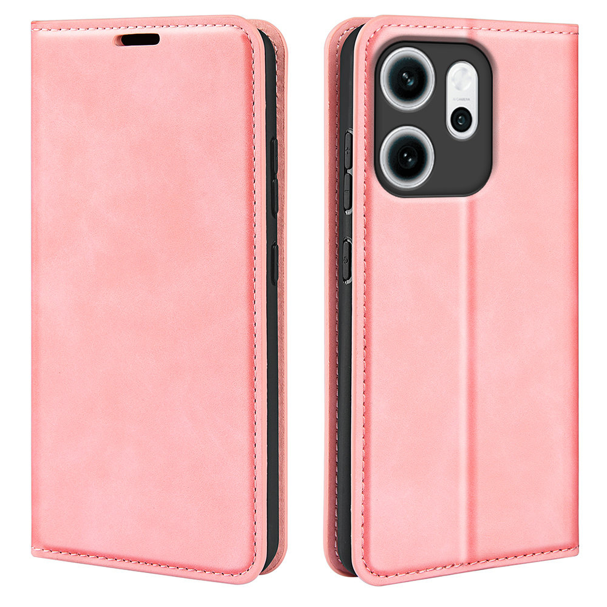 Un étui de téléphone en cuir rose, ouvert pour montrer le téléphone. Il a une découpe pour l'appareil photo et des boutons latéraux.