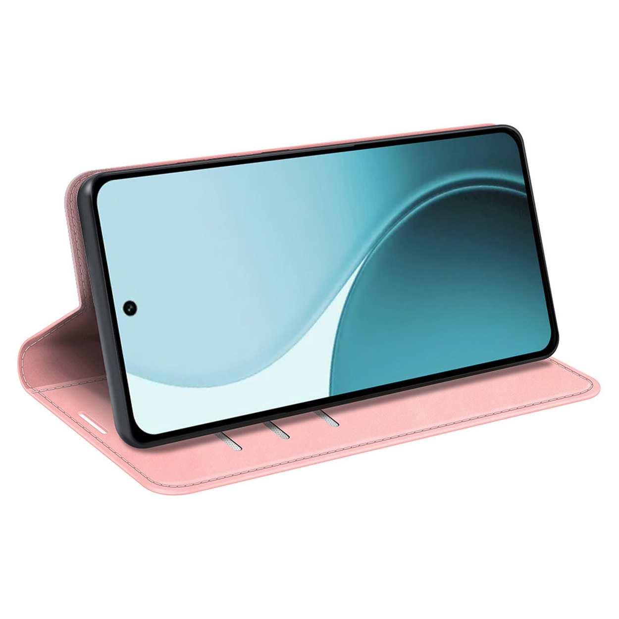 Un étui de téléphone rose avec un téléphone à l'intérieur. L'écran du téléphone affiche une image bleue. L'étui est ouvert.