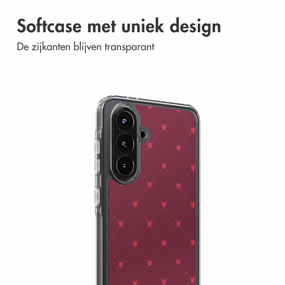 Een telefoonhoesje met een hartjespatroon. De randen van de hoes zijn transparant. De telefoon heeft drie cameralenzen.