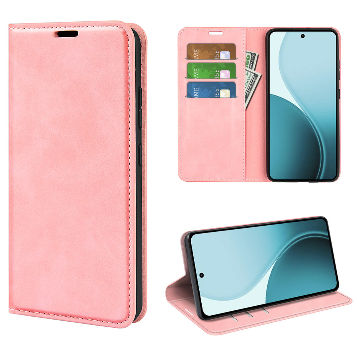 Un étui de téléphone rose avec un smartphone, des cartes et de l'argent. L'étui est ouvert et fermé, montrant différentes vues.
