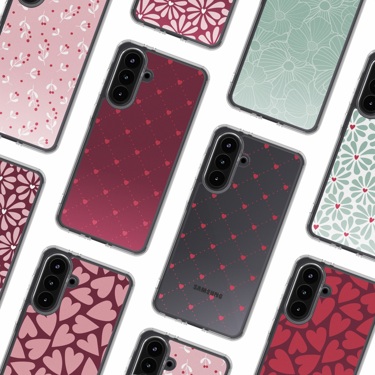 Meerdere telefoonhoesjes met diverse patronen zoals harten, bloemen en bladeren. Hoesjes in rood, roze en groen, allemaal op wit.