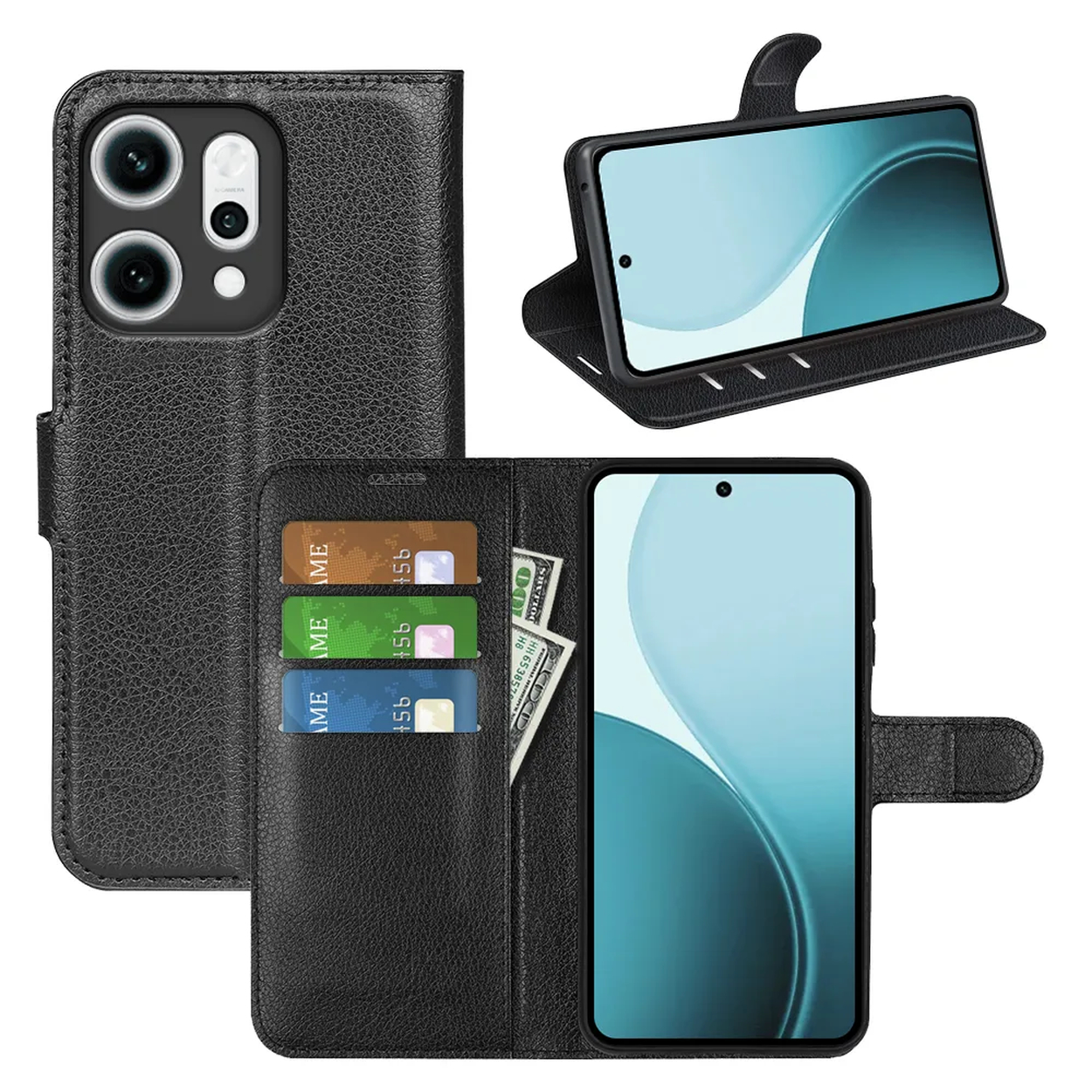 Zwarte leren telefoonhoes met telefoon erin. Het is open en dicht, met kaarten en contanten.