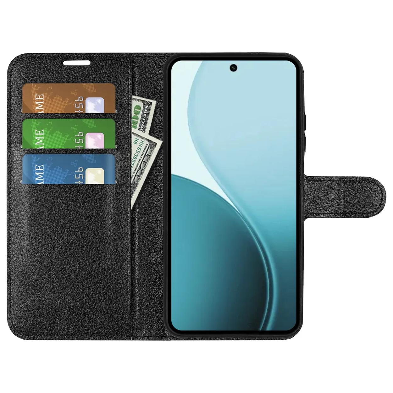 Zwarte telefoonhoes met telefoon, creditcards en een dollarbiljet. Hoes gesloten met een magnetische sluiting. Witte achtergrond.