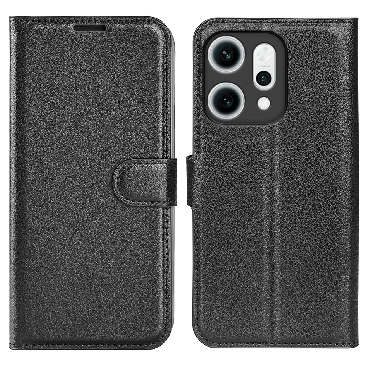 Zwarte leren telefoonhoes, open. Met klepsluiting en camera-uitsparingen.  Getextureerd oppervlak met stikseldetails.