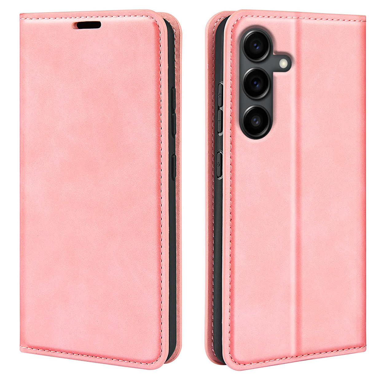 Deux étuis de téléphone en cuir rose. L'un est fermé, l'autre ouvert révélant un téléphone avec trois caméras. Bordure et coutures noires.