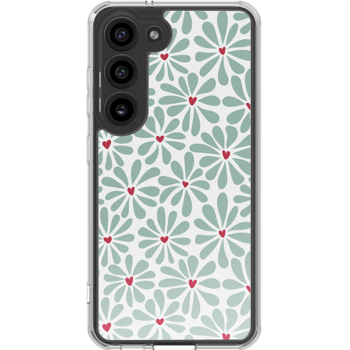 Een telefoonhoesje met een bloemenpatroon. Mintgroene bloemblaadjes omringen rode hartcentra op een witte achtergrond. De telefoon heeft drie camera's.