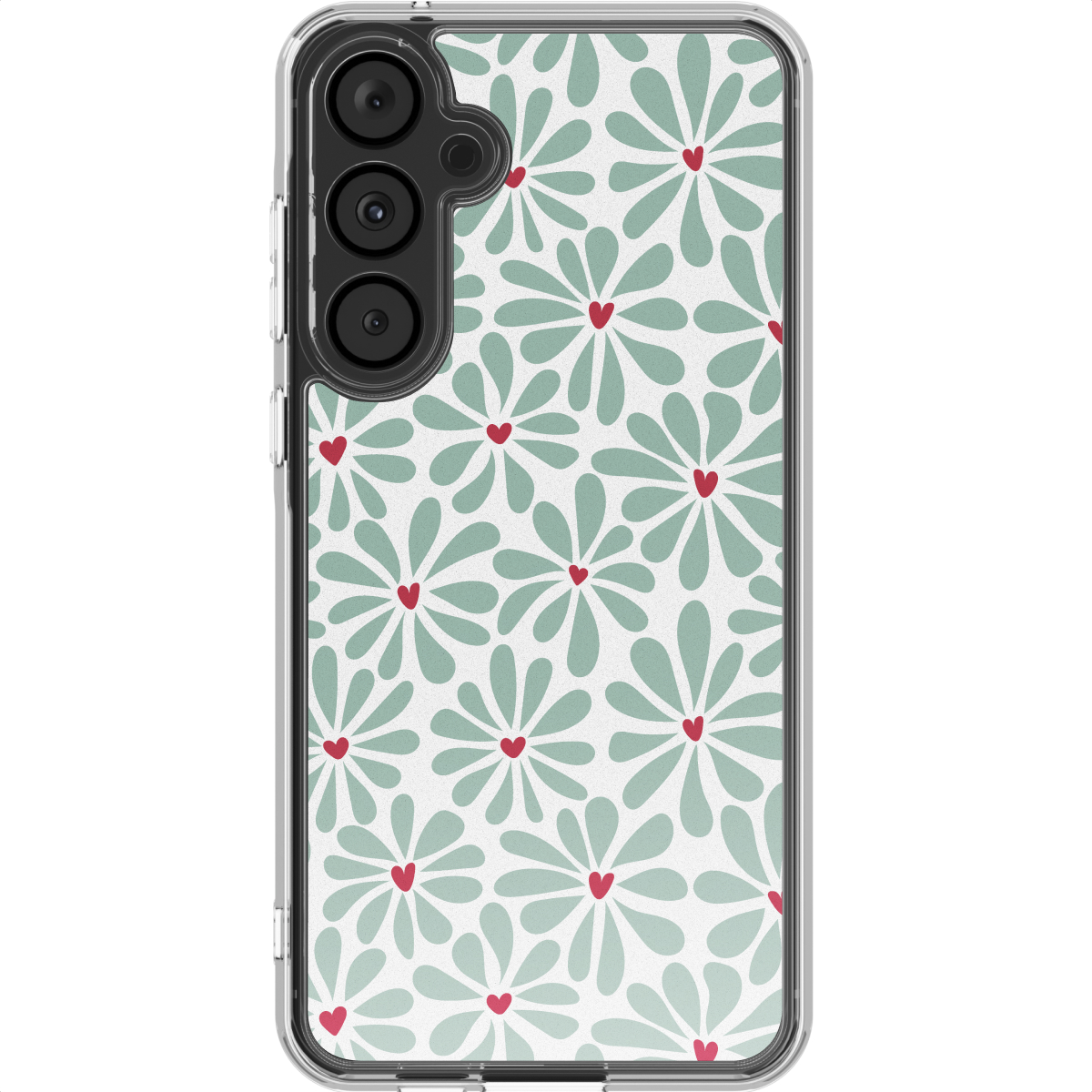 Een telefoonhoesje met een bloemenpatroon. De bloemen zijn lichtgroen met rode hartcentra op een witte achtergrond. De hoes heeft een transparant frame.