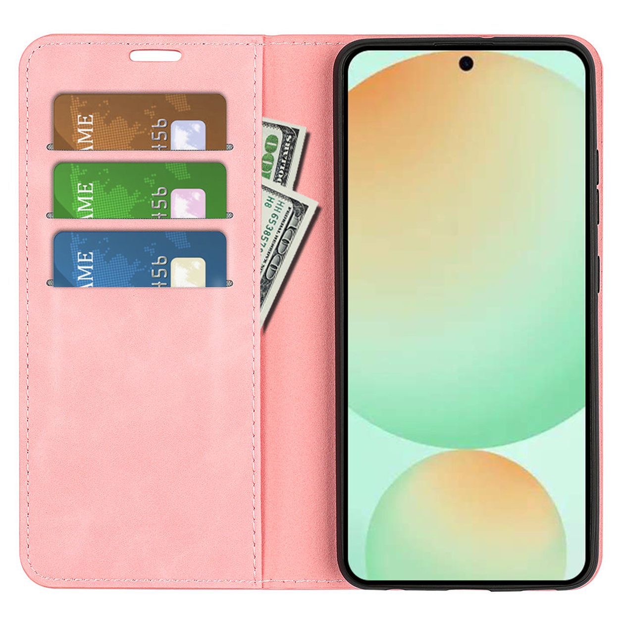 Étui de téléphone rose avec cartes et un billet de banque. Le téléphone affiche un fond vert et orange. Les cartes ont des numéros et logos.