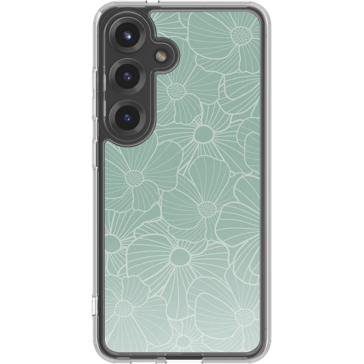 Een telefoonhoesje met een bloemenpatroon. De achtergrond is mintgroen en de bloemen zijn wit. De telefoon heeft een doorzichtige rand.